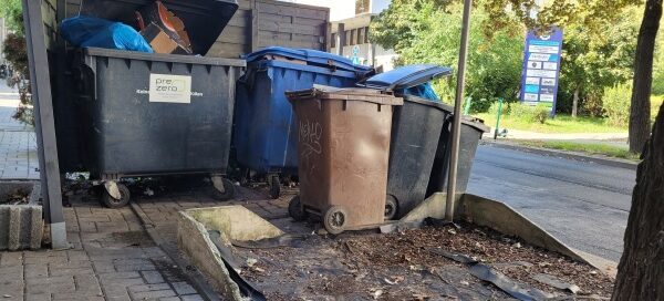 Kosze na śmiecie na trawniku.