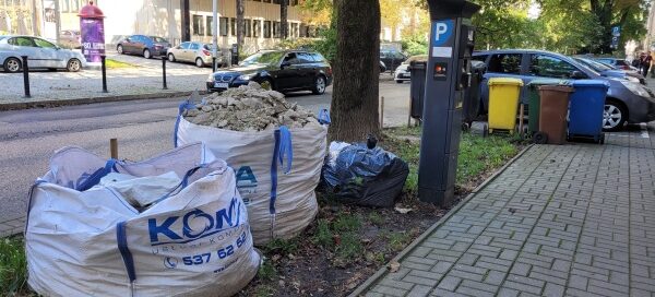 Śmiecie na trawniku obok chodnika.