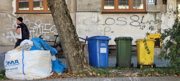 Kosze na śmiecie obok drzewa.