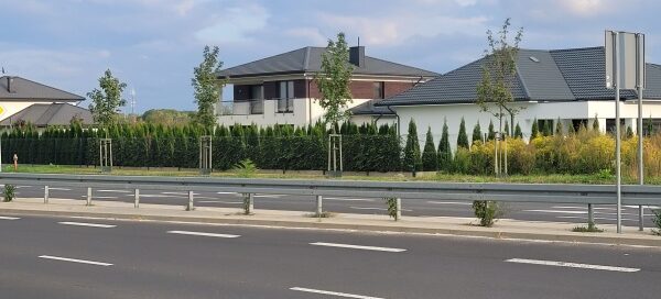 Jezdnia. W tle widoczne domy.
