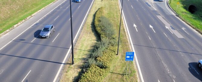 Pas zieleni z nasadzeniami między dwoma drogami.