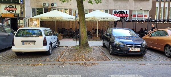 Trawnik, na którym rośnie drzewo, pomiędzy miejscami parkingowymi.