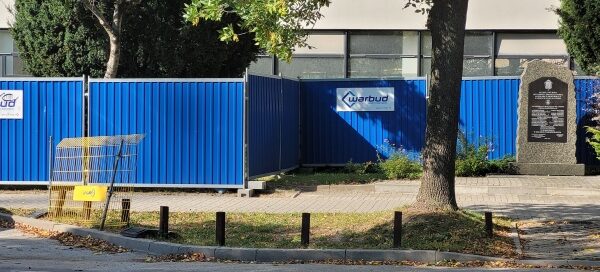 Trawnik, na którym rośnie drzewo, między chodnikiem a ulicą.