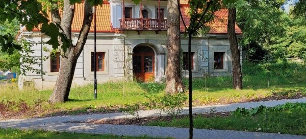 Parkowe ścieżki. W tle widoczny dworek.