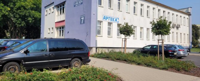 Trawniki przy parkingu. W tle widoczny budynek.