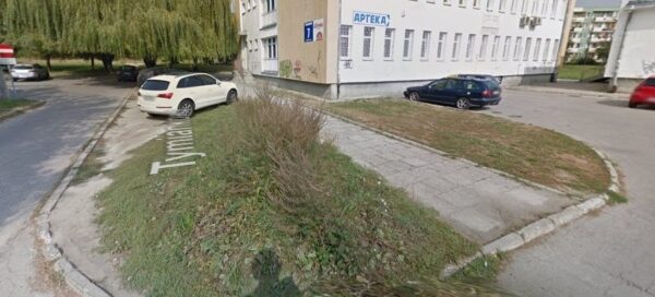 Trawniki przy parkingu. W tle widoczny budynek.