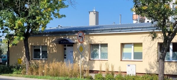 Pas roślinności obok ulicy. W tle widoczne zabudowania.