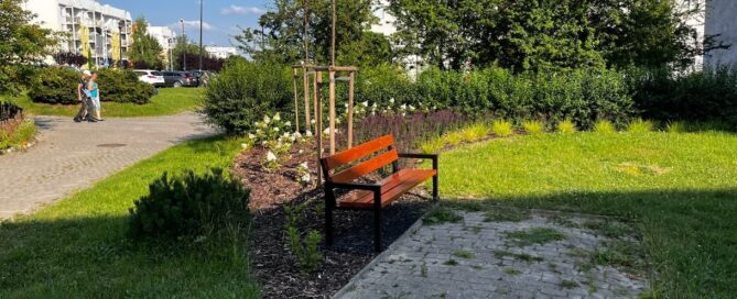 Zielony skwer na którym stoi ławka.