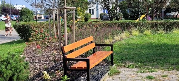 Zielony skwer przy którym stoi ławka.