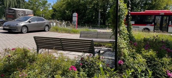 Miejsce integrujące mieszkańców, wyposażone w meble miejskie i nasadzenia roślinne, będące jednocześnie zieloną barierą, chroniącą przed hałasem.