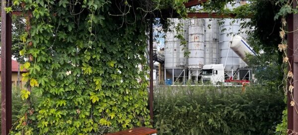 Mały skwer z ławkami i roślinnością na terenie obok fabryki.