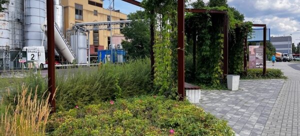 Mały skwer z ławkami i roślinnością na terenie obok fabryki.