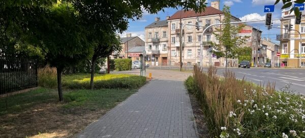 Chodnik oddzielony żywopłotem od ulicy.