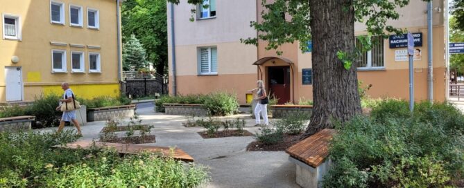 Skwer w centrum miasta. Zaaranżowany wokół starego drzewa. Na skwerze ustawiono ławki. Całość dopełniają nasadzenia roślinne.