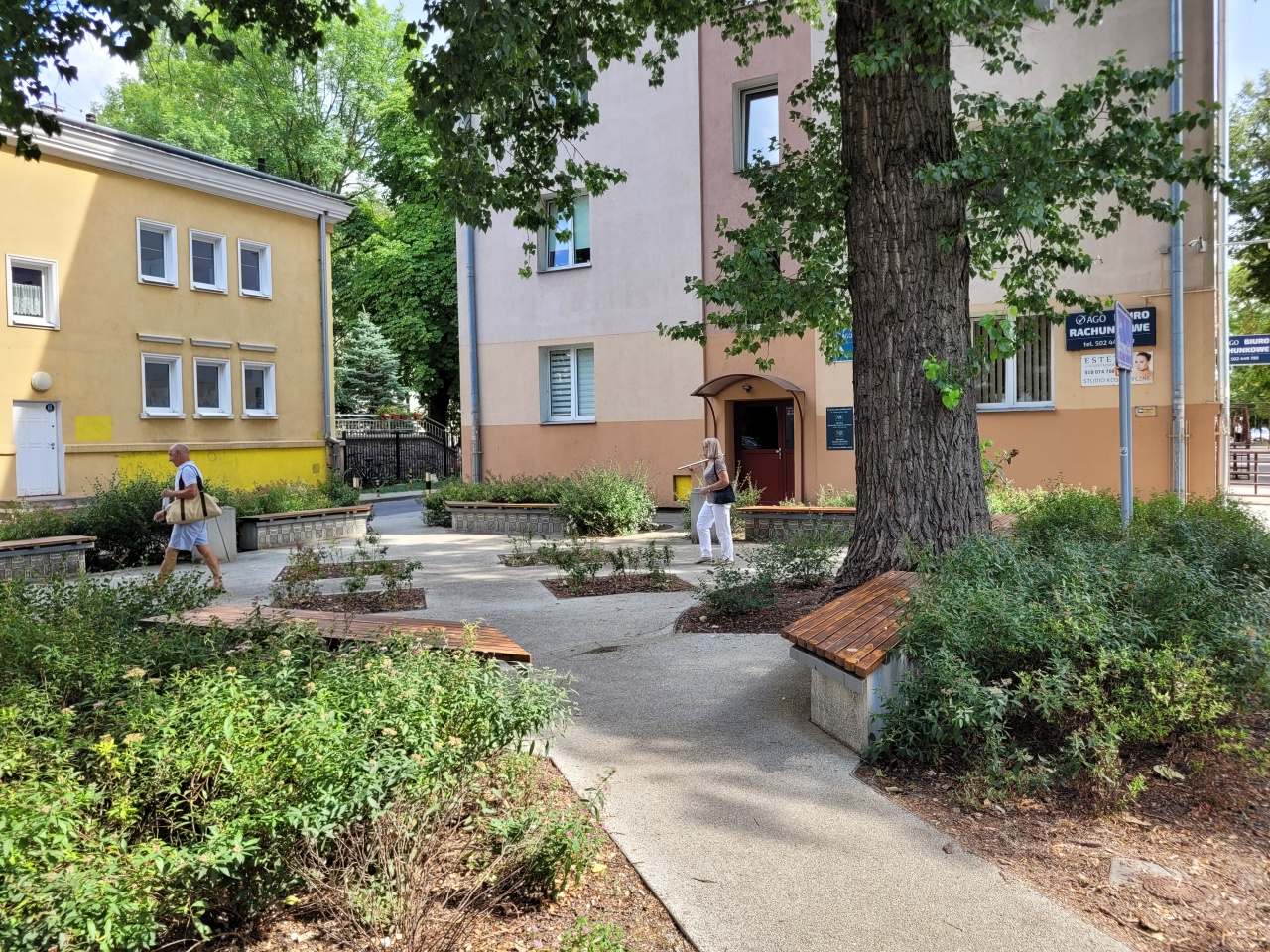 Skwer w centrum miasta. Zaaranżowany wokół starego drzewa. Na skwerze ustawiono ławki. Całość dopełniają nasadzenia roślinne.