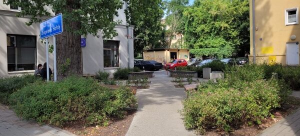 Skwer w centrum miasta. Zaaranżowany wokół starego drzewa. Na skwerze ustawiono ławki. Całość dopełniają nasadzenia roślinne.