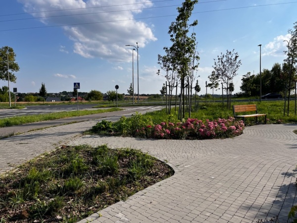 Brukowany skwer, otoczony roślinnością.