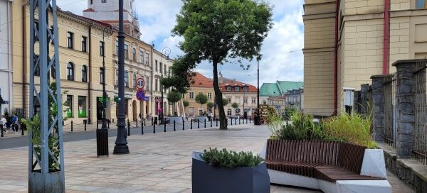 Betonowe ławki z miejscem na nasadzenia roślinne w centrum miasta.