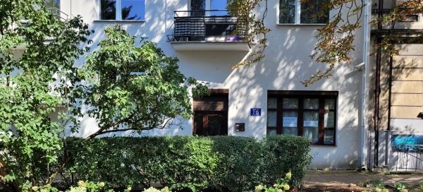 Kompozycja z drzew, krzewów i bylin w pasach zieleni, pomiędzy chodnikiem a ulicą.