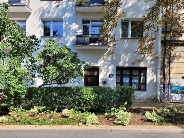 Kompozycja z drzew, krzewów i bylin w pasach zieleni, pomiędzy chodnikiem a ulicą.