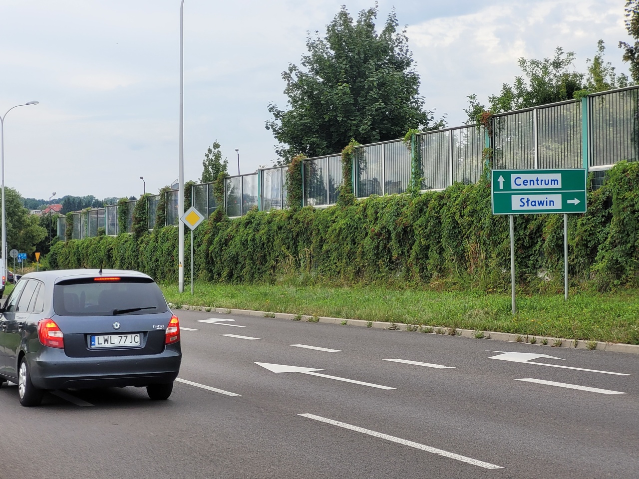Ekrany akustyczne, porośnięte bluszczem, ustawione obok ulicy.