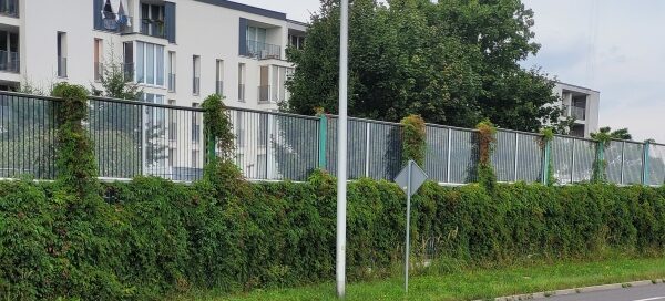 Ekrany akustyczne porośnięte bluszczem, ustawione obok ulicy. W tle widoczne bloki.