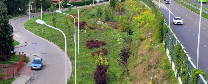 Teren zieleni z nasadzeniami roślinnymi, pomiędzy ekranami akustycznymi a dzielnicą domków jednorodzinnych.