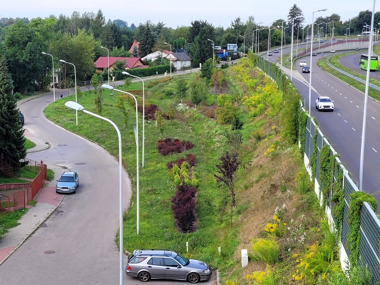 Teren zieleni z nasadzeniami roślinnymi, pomiędzy ekranami akustycznymi a dzielnicą domków jednorodzinnych.