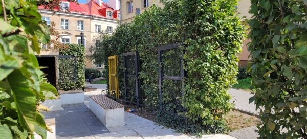 Betonowe ławki i metalowe płotki, otoczone żywopłotem.