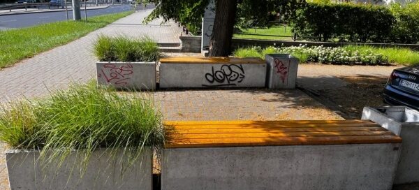 Mały skwer z betonowymi ławkami i koszami, pomiędzy starymi drzewami.