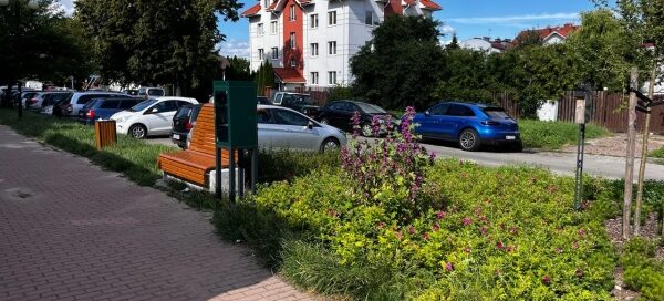 Ławka z drewna i betonu, ustawiona obok chodnika dla pieszych. Widoczna również mała szfeczka na książki.
