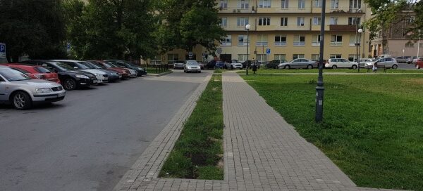 Trawnik oddzielający chodnik od ulicy.