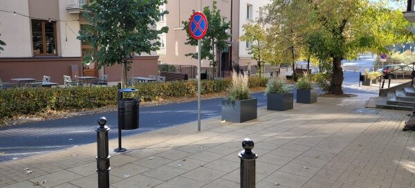 Donice z nasadzeniami, żywopłot i drzewa oddzielające chodnik od ulicy.