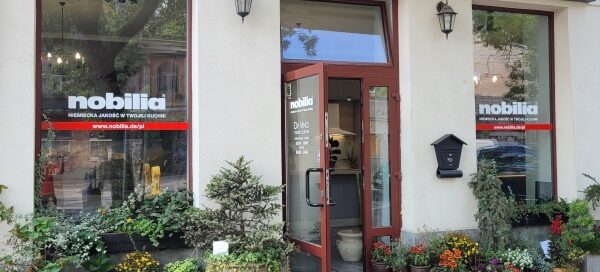 Roślinność posadzona w donicach, przed lokalem usługowym.
