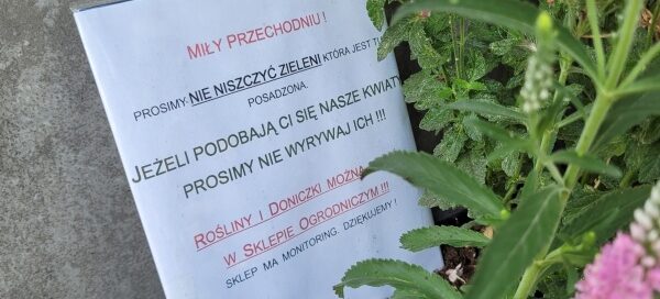 Kartka z prośbą o nie niszczenie roślinnej kompozycji.