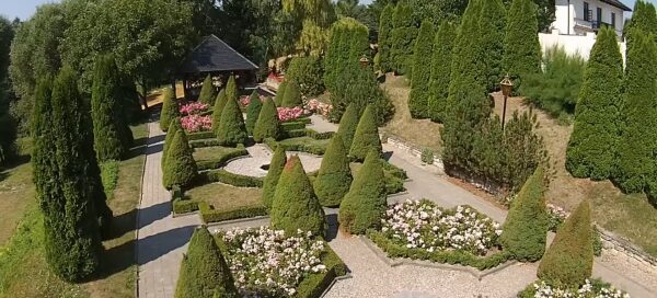 Widok z góry na cały ogród. Widoczne wydzielone kwatery.