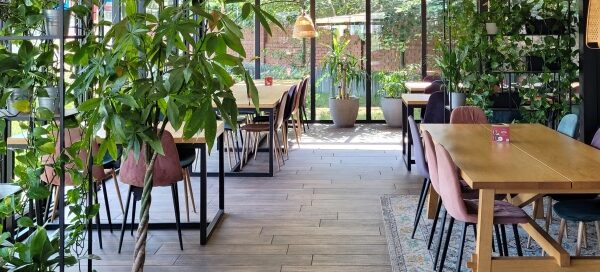 Wnętrze restauracji ozdobione roślinnością.