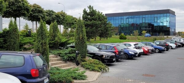 Miejsca parkingowe otoczone roślinnością.