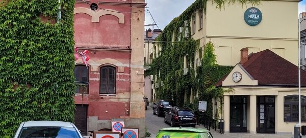 Historyczne budynki browaru, porośnięte pnączami.