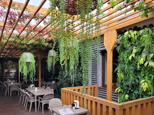 Wnętrze restauracji ozdobionej pnączami.