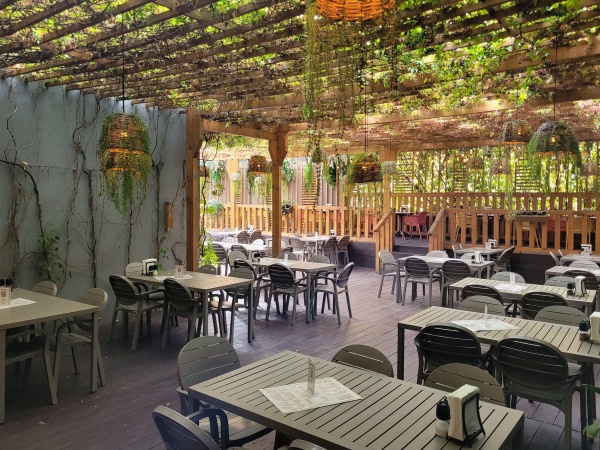 Wnętrze restauracji ozdobionej pnączami.