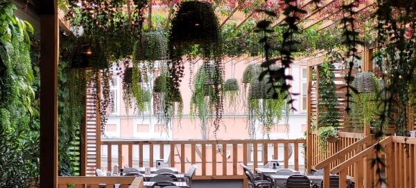 Wnętrze restauracji ozdobionej pnączami.