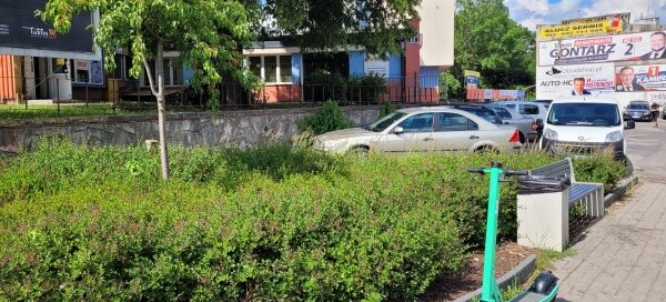 Mały skwer z nasadzeniami roślinnymi, ławką i koszem.
