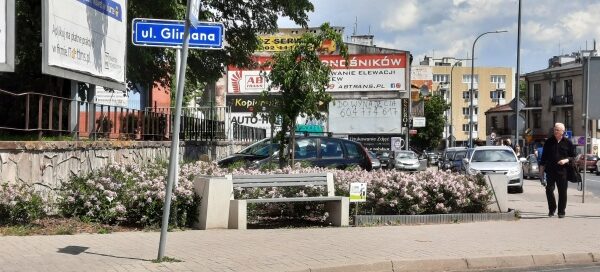 Mały skwer z nasadzeniami roślinnymi, ławką i koszem.