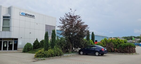 Teren z trawnikiem, drzewami i nasadzeniami roślinnymi.