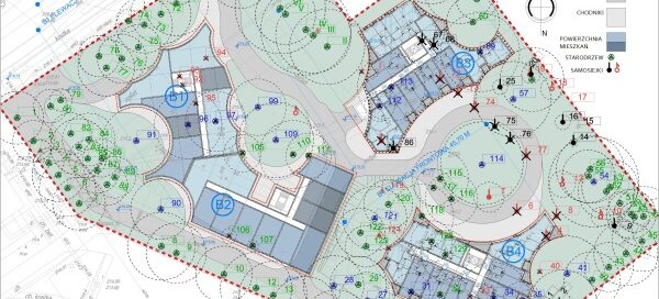 Plan osiedla, na którym wyszczególnione jest położenie budynków, oraz zaznaczone są ścieżki, drzewa i tereny zielone.