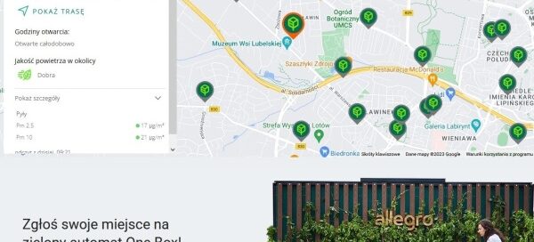 Mapa z zaznaczonymi punktami paczkomatów.