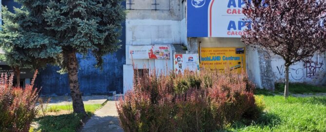 Teren trawnika z nasadzeniami krzewów i drzew. W tle widoczny budynek i banery reklamowe.