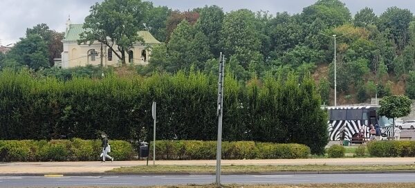 Jezdnia i chodnik na tle wzgórza porośniętego drzewami.
