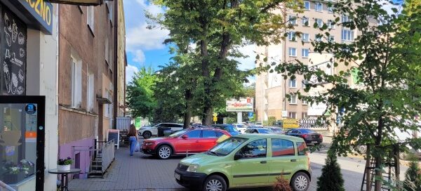 Fotografia wykonana w miejscu gdzie znajduje się lokal usługowy. Widoczne drzewa tworzące barierę między chodnikiem a ulicą.